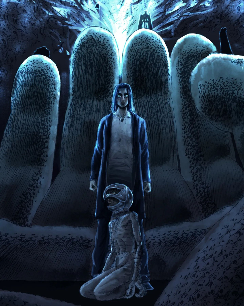 1girl, 5boys, ankle_wrap, arm_wrap, artist_name, bandages, berserk, black_hair