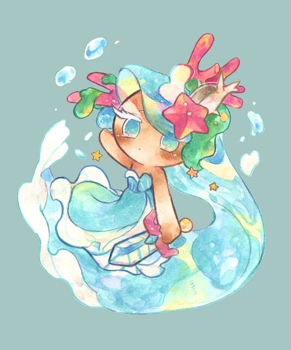 accessories, blue_background, blue_dress, cookie_run, cookie_run_kingdom, cookie_run_ovenbreak, coral, dress
