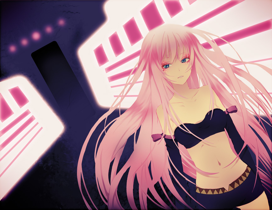avtechno!, bad_id, blue_eyes, detached_sleeves, dye_(vocaloid), hoshi_yuukai, long_hair, makeup, megurine_luka, midriff, navel, pink_hair, solo, vocaloid