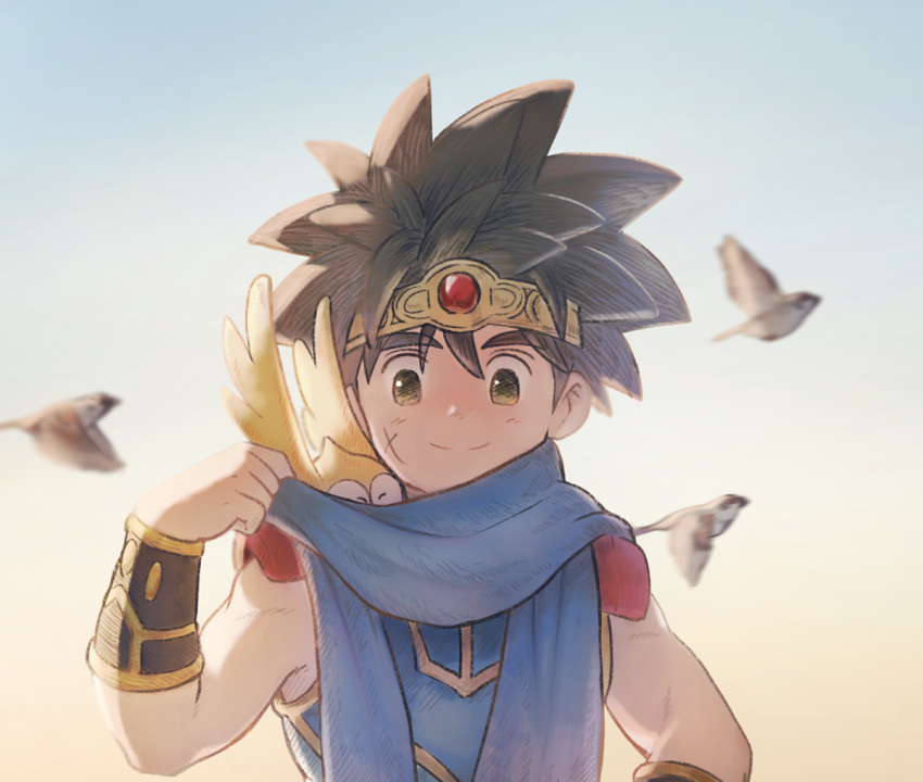 1boy, adjusting_scarf, arm_guards, armor, b-saku, bird, black_hair, blue_scarf