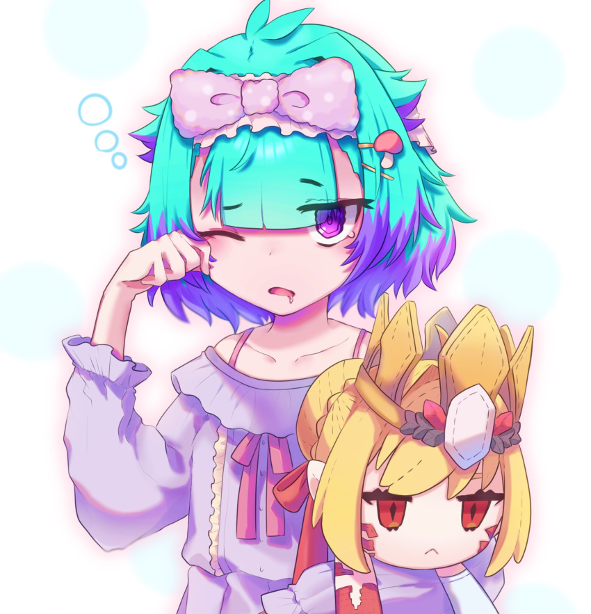 1girl, aqua_hair, bow, character_doll, colored_tips, doll, dress, fate/grand_order, fate_(series), food-themed_hair_ornament, hair_bow, hair_ornament, hand_up, highres, holding, holding_doll, holding_stuffed_toy, kibinago_(kibinago614), locusta_(fate), looking_at_viewer, multicolored_hair, mushroom_hair_ornament, nero_claudius_(fate), one_eye_closed, parted_lips, pink_bow, pink_ribbon, polka_dot, polka_dot_bow, purple_dress, queen_draco_(fate), ribbon, saliva, short_hair, simple_background, sleepwear, sleepy, solo, spaghetti_strap, stuffed_toy, upper_body, white_background