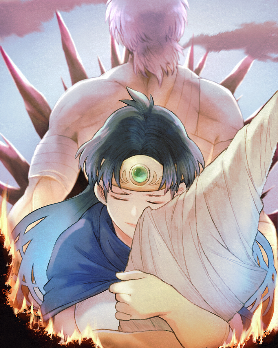 1boy, 1girl, arm_guards, b-saku, back-to-back, bandaged_arm, bandaged_chest, bandages