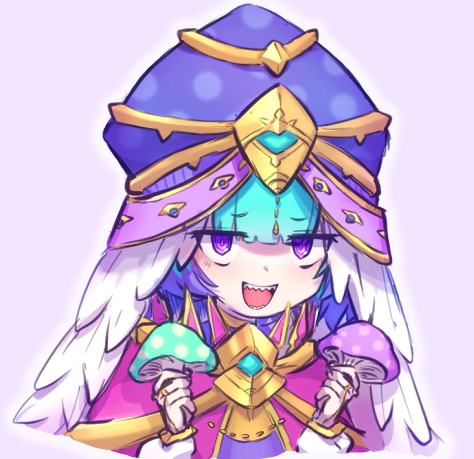 1girl, aqua_hair, blue_headwear, colored_tips, fate/grand_order, fate_(series), gold_trim, holding, holding_mushroom, kibinago_(kibinago614), locusta_(fate), looking_at_viewer, multicolored_hair, mushroom, open_mouth, pink_robe, robe, sharp_teeth, short_hair, simple_background, smile, solo, teeth, white_background