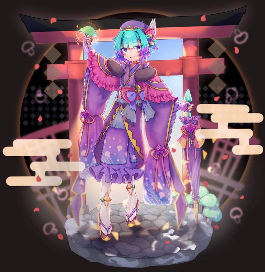 1girl, alternate_costume, aqua_hair, arm_up, bow, closed_mouth, cobblestone, colored_tips