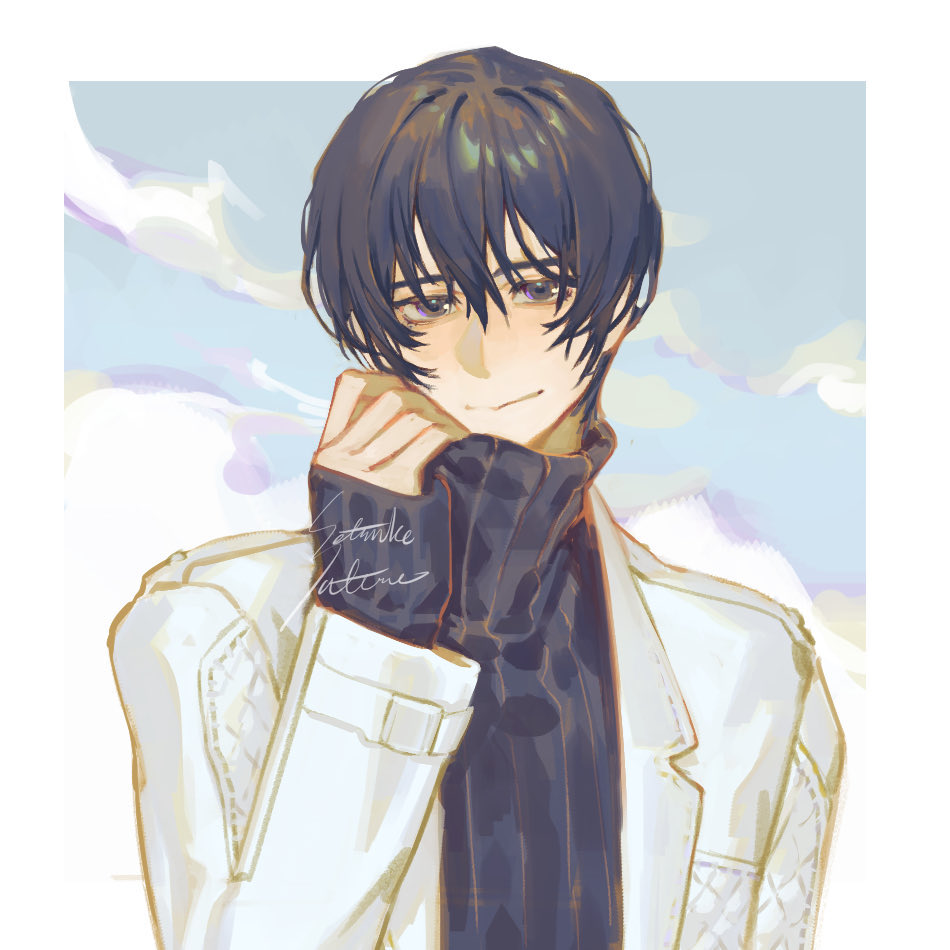 1boy, black_eyes, black_hair, black_sweater, border, closed_mouth, clouds, coat, hand_up, limbus_company, long_sleeves, looking_at_viewer, project_moon, ribbed_sweater, sang_yi_(project_moon), satome_setsuko, sky, smile, solo, sweater, turtleneck, turtleneck_sweater, upper_body, white_border, white_coat, wing_collar