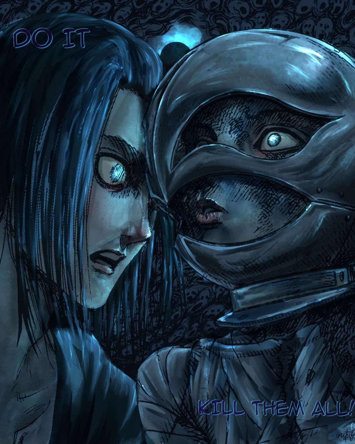 2boys, arm_wrap, artist_name, bandages, berserk, black_hair, black_jacket, blue_eyes