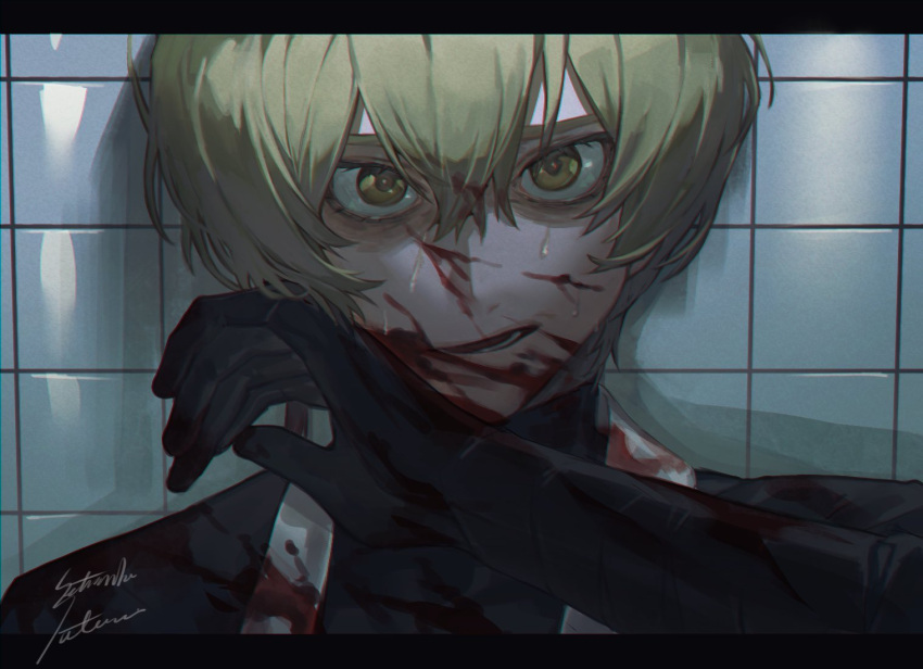 1boy, black_coat, black_gloves, black_shirt, blonde_hair, blood, blood_on_clothes, blood_on_face
