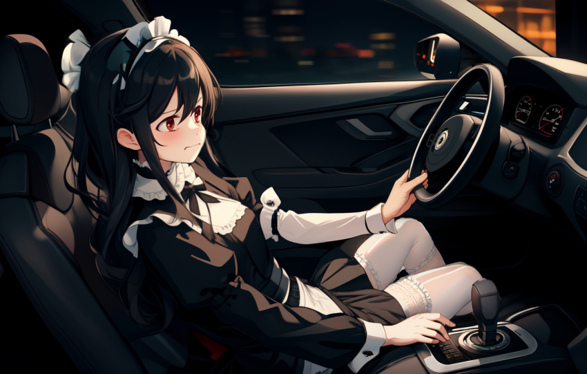 1girl, anime, atmosphere, black_hair, car, cute, dreaming, driver, essen, maid, night, night_sky, red_eyes, serious, tagme