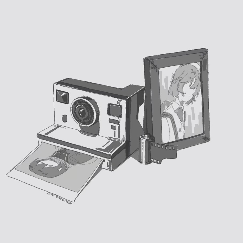 2girls, chinese_commentary, commentary_request, dated, film_strip, greyscale, highres, kaze_imo, monochrome, multiple_girls, ninegris, nurse_robot_type_t, photo_(object), picture_frame, polaroid, signature, simple_background, still_life, utau