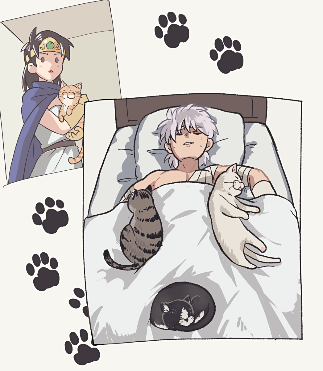 1boy, 1girl, animal, arm_guards, b-saku, bandaged_chest, bed, belt