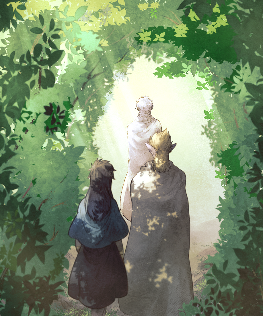 1girl, 2boys, arm_guards, b-saku, black_dress, black_hair, blonde_hair, blue_cloak
