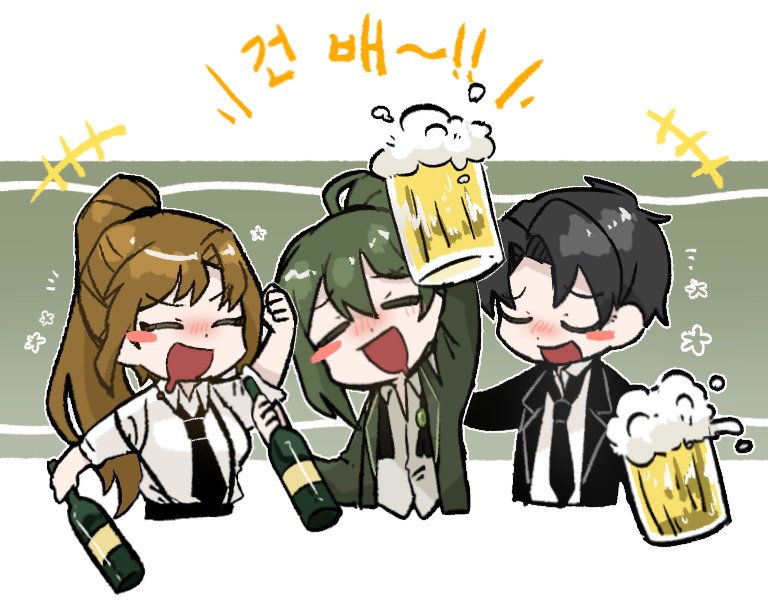 1girl, 2boys, arm_up, beer_mug, black_hair, black_necktie, bottle, brown_hair