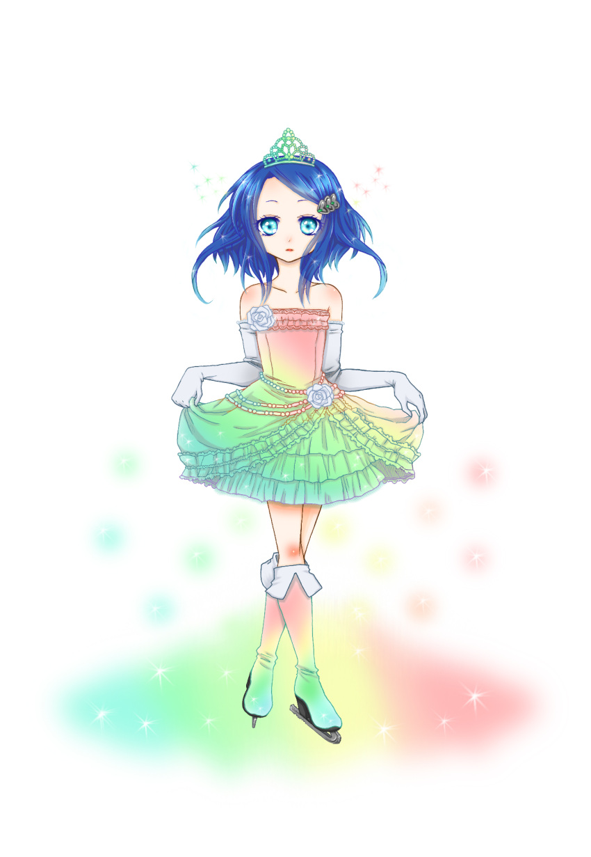 1girl, beads, blue_eyes, blue_hair, dress, elbow_gloves, flower, gloves, hair_ornament, hairclip, heart_hair_ornament, highres, ice_skates, myamyamyo, pretty_rhythm, pretty_rhythm_rainbow_live, pretty_series, rainbow_dress, rainbow_gradient, rinne_(pretty_rhythm), rose, skates, sleeveless, sleeveless_dress, solo, tiara, white_flower, white_gloves, white_rose