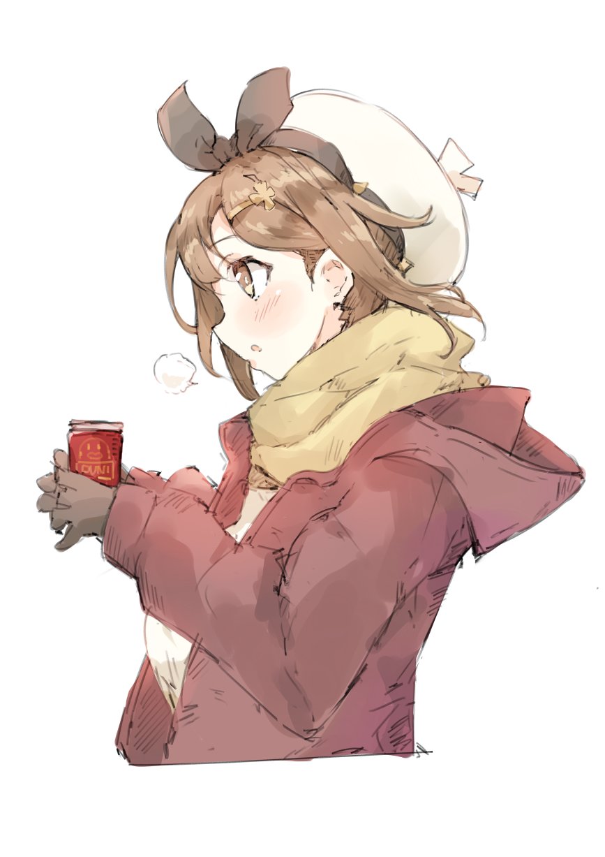 1girl, alternate_costume, atelier_(series), atelier_ryza, atelier_ryza_1, bow, breath, brown_coat, brown_eyes, brown_gloves, brown_hair, coat, cropped_torso, from_side, gloves, hair_ornament, hairclip, hat, hat_bow, highres, hood, hood_down, hooded_coat, looking_ahead, open_mouth, profile, reisalin_stout, sanpo, scarf, short_hair, solo, upper_body, white_background, white_headwear, yellow_scarf