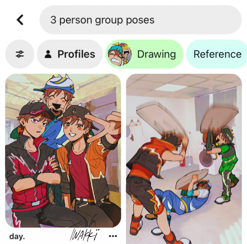 5boys, absurdres, black_pants, boboiboy, brown_hair, character_request, closed_eyes, commentary, crossed_arms, english_commentary, english_text, hat, highres, holding, holding_pillow, iwakki, jacket, looking_at_viewer, male_focus, meme, multiple_boys, open_clothes, open_jacket, open_mouth, orange_jacket, pants, pillow, pillow_fight, red_eyes, red_shirt, shirt, shoes, short_hair, signature, sitting, smile, standing, v, yellow_eyes