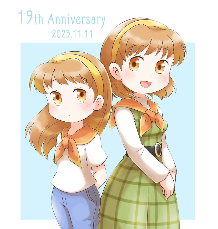 2girls, :d, :o, absurdres, anniversary, aogaeru_(pixiv46613656), belt, black_belt, blue_background, blue_pants, blush, bokujou_monogatari, bokujou_monogatari:_wonderful_life, border, brown_hair, cowboy_shot, dated, dress, dual_persona, green_dress, hairband, highres, long_hair, long_sleeves, looking_at_viewer, lumina_(bokujou_monogatari), multiple_girls, neckerchief, open_mouth, orange_eyes, orange_neckerchief, outside_border, own_hands_together, pants, parted_lips, pinafore_dress, shirt, short_hair, simple_background, sleeveless, sleeveless_dress, smile, t-shirt, time_paradox, turtleneck, white_border, white_shirt, yellow_hairband
