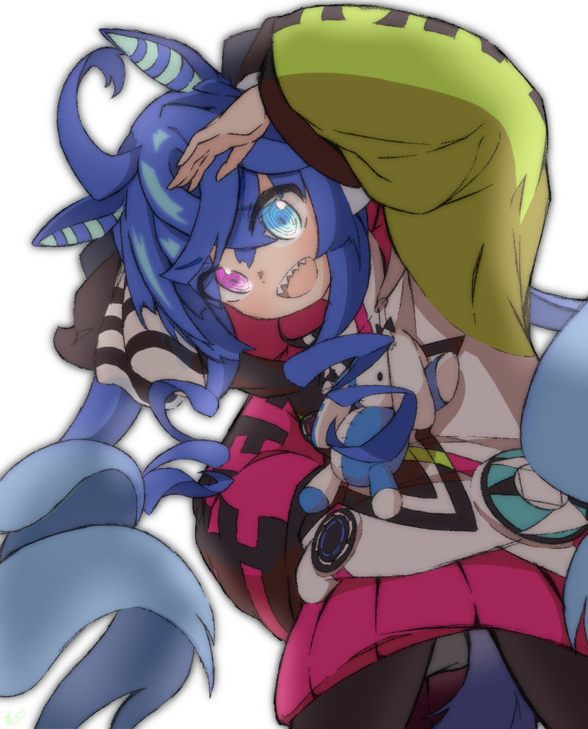 1girl, @_@, ahoge, animal_ears, arm_up, black_pantyhose, blue_eyes, blue_hair