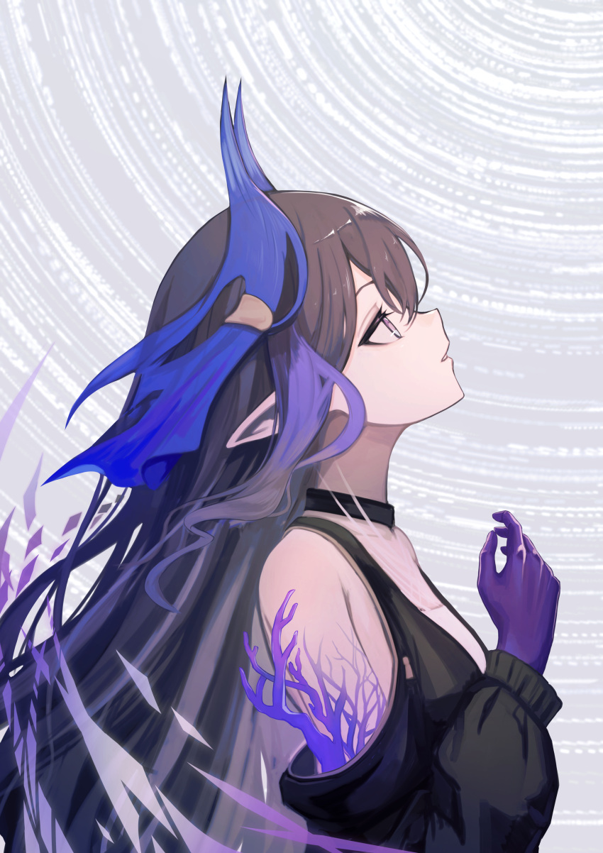 1girl, absurdres, arknights, bare_shoulders, black_choker, black_dress, black_hair, breasts