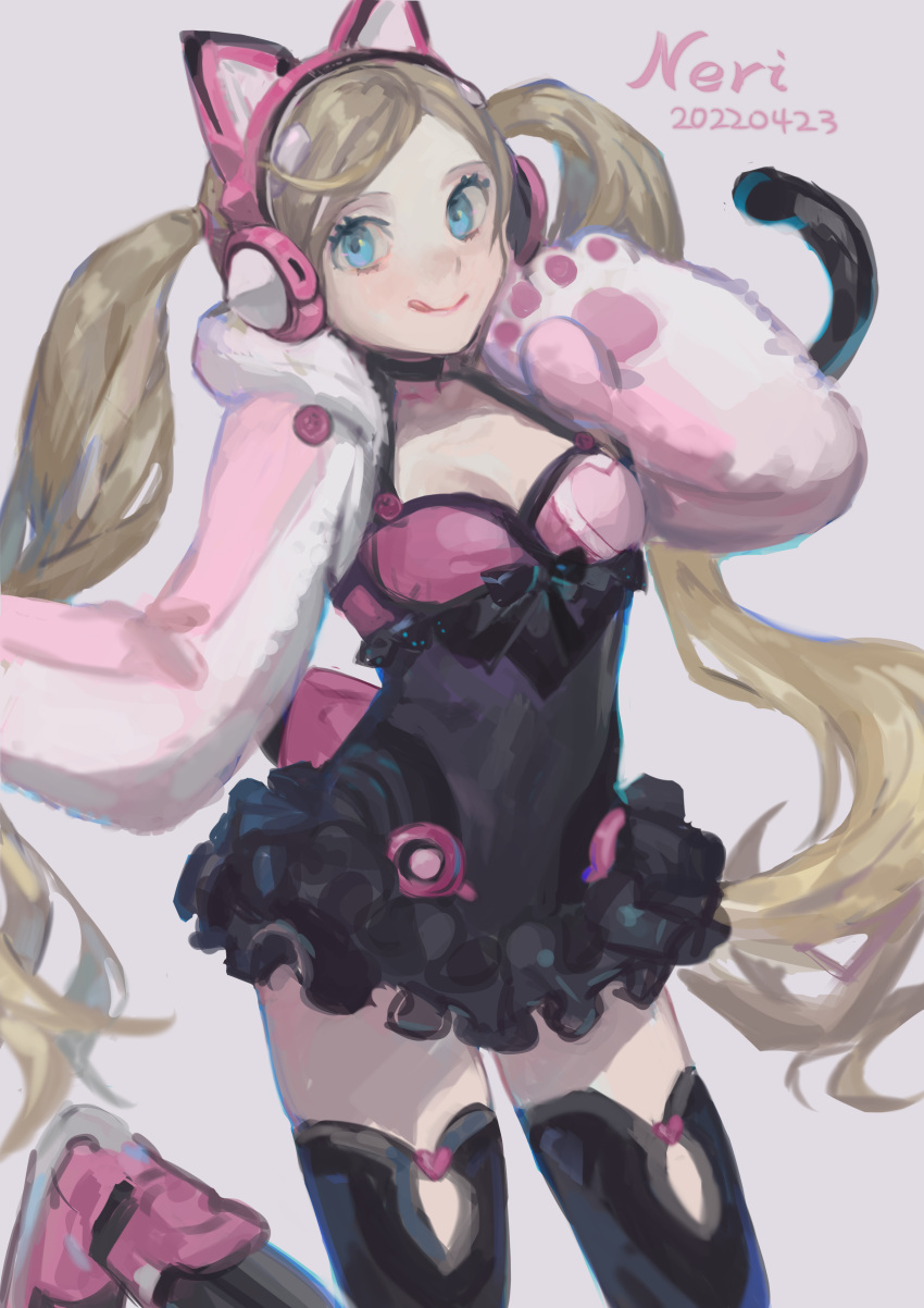 1girl, :q, absurdres, animal_ear_headphones, animal_ears, animal_hands, artist_name, blonde_hair, blue_eyes, breasts, cat_ear_headphones, cat_ears, cat_tail, cowboy_shot, dated, fake_animal_ears, headphones, highres, leg_up, long_hair, lucky_chloe, neri_(neri23152939), solo, tail, tekken, tekken_7, tongue, tongue_out, twintails, very_long_hair