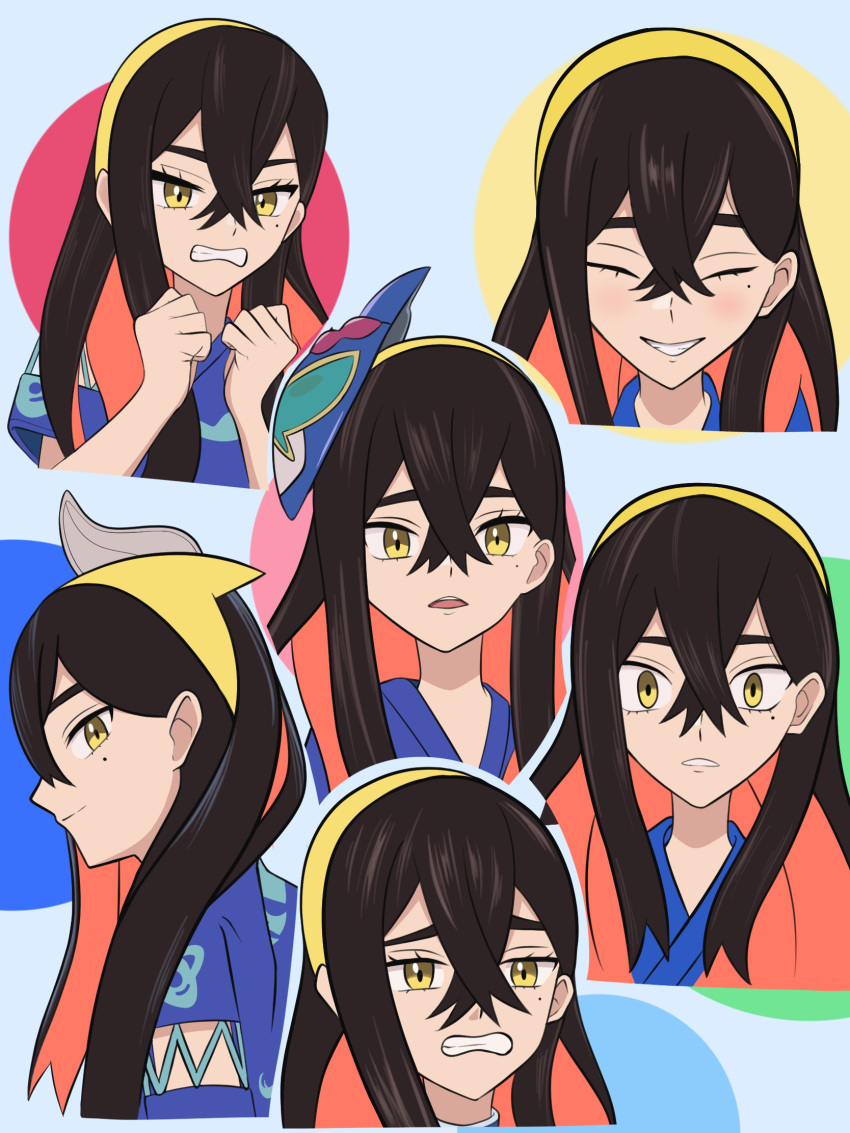 1girl, black_hair, carmine_(pokemon), clenched_hands, crossed_bangs, eternal_kenkyu, expressions, eyelashes, hair_between_eyes, hairband, highres, jinbei_(clothes), looking_at_viewer, mask, mask_on_head, mole, mole_under_eye, multiple_views, pokemon, pokemon_sv, redhead, teeth, upper_body, yellow_eyes, yellow_hairband