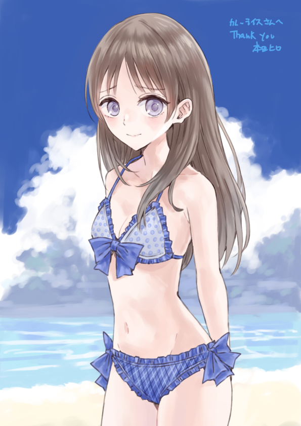 1girl, atelier_(series), atelier_totori, bikini, brown_hair, closed_mouth, clouds, commission