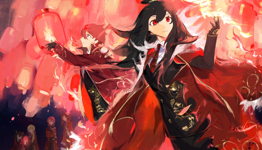 3boys, 3girls, arms_up, black_gloves, brown_hair, cecil_(project_moon), chun_(project_moon), closed_mouth