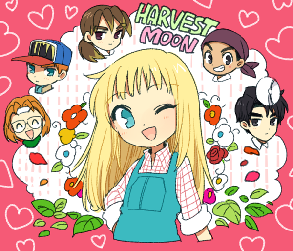 1girl, 5boys, ;d, ^_^, aqua_eyes, bandana, baseball_cap, black_eyes