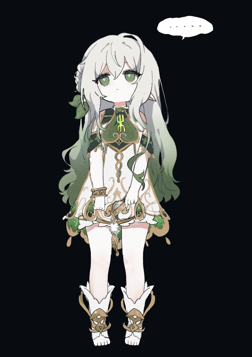 ..., 1girl, 52601i, anklet, boots, braid, detached_sleeves, dress, expressionless, full_body, genshin_impact, gold_trim, gradient_hair, green_eyes, green_hair, hair_down, hair_ornament, highres, jewelry, leaf_hair_ornament, long_hair, looking_at_another, multicolored_hair, nahida_(genshin_impact), pointy_ears, sidelocks, solo, speech_bubble, spoken_ellipsis, symbol-shaped_pupils, white_dress, white_footwear, white_hair