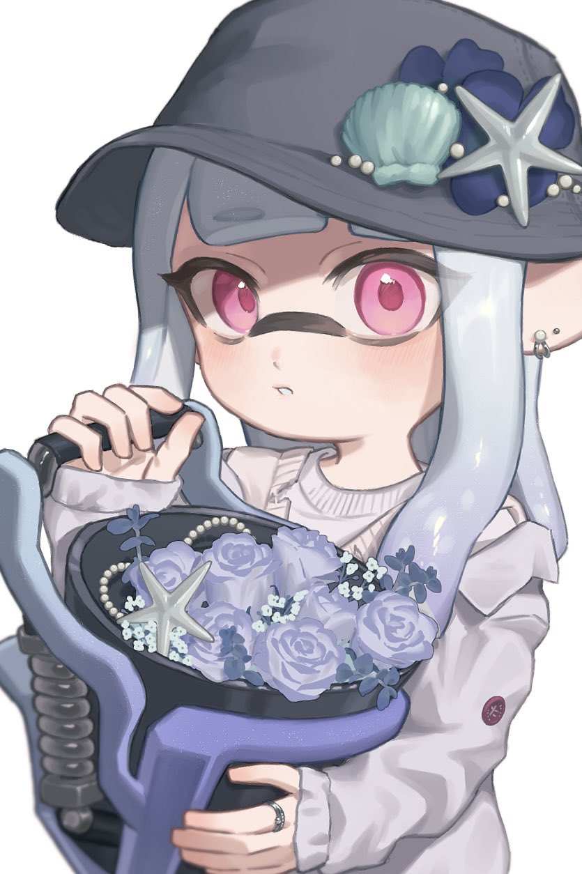 1girl, commentary_request, ear_piercing, earrings, flower, grey_hair, grey_headwear, hat