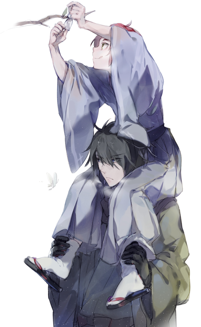 1boy, 1girl, alicetaria, arms_up, black_gloves, black_hair, blue_shirt, branch, bug, butterfly, carrying, closed_mouth, full_body, gloves, green_shirt, grey_pants, highres, imoko_(imonatsuki), leaf, light_particles, long_sleeves, marseus, pants, piggyback, profile, redhead, sandals, shirt, short_hair, simple_background, sitting, socks, tongue, tongue_out, unlight, upper_body, violet_eyes, white_background, white_butterfly, white_socks, wide_sleeves, yellow_eyes