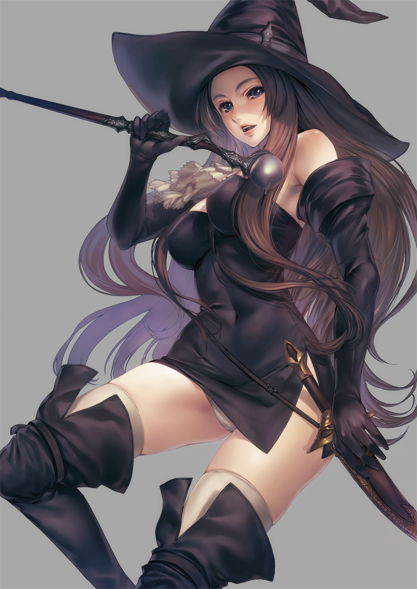 blue_eyes, boots, breasts, brown_hair, cleavage, dagger, elbow_gloves, fantasy, gloves, hat, highres, knife, long_hair, navel, original, panties, simosi, simple_background, solo, staff, tactics_ogre, thigh-highs, thigh_boots, thighhighs, underwear, wand, weapon, witch, witch_(tactics_ogre), witch_hat