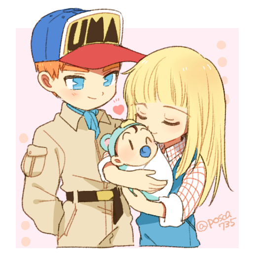1boy, 1girl, artist_name, baby, belt, blonde_hair, blue_eyes, blue_overalls