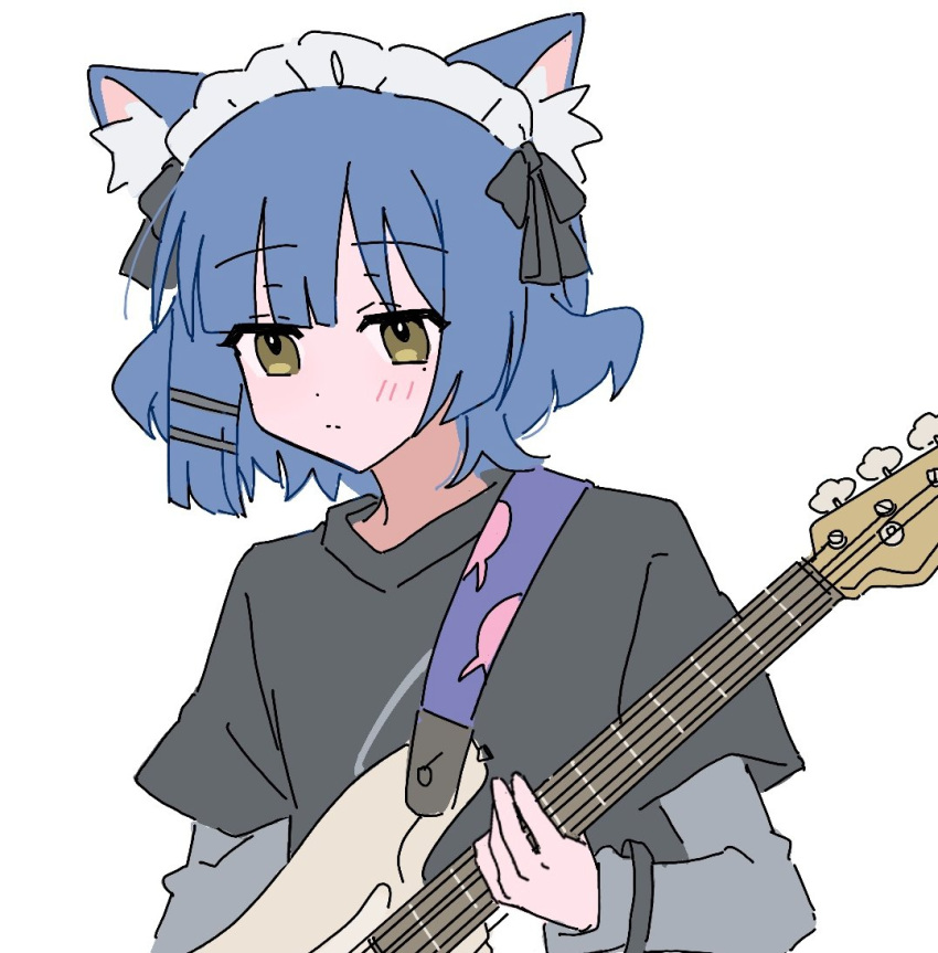 1girl, animal_ears, bass_guitar, black_skirt, blue_hair, bocchi_the_rock!, cat_ears, closed_mouth, grey_shirt, hair_ornament, hairclip, holding, holding_bass, holding_instrument, instrument, kessoku_band_t-shirt, light_blush, looking_down, maid_headdress, playing_bass, shirt, simple_background, skirt, yamada_ryo, yellow_eyes, yunayuispink