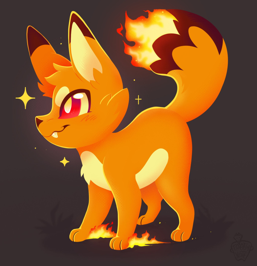 brown_background, fang, fang_out, flame-tipped_tail, fox, foxparks, from_side, highres, no_humans, palworld, red_eyes, signature, simple_background, smile, solo, sparkle, trashyote