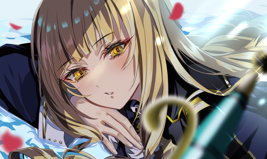 1girl, absurdres, black_jacket, blonde_hair, blunt_bangs, blush, commentary, drill_hair