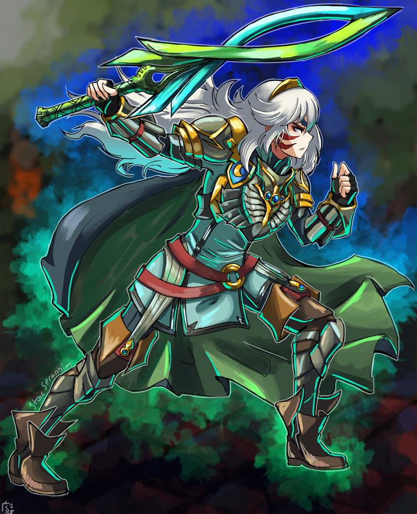 absurdres, alternate_costume, alternate_eye_color, alternate_hair_color, armor, aura, blue_gemstone, breastplate