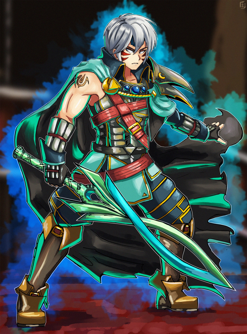 absurdres, alternate_costume, alternate_eye_color, alternate_hair_color, alternate_weapon, armor, aura, bare_shoulders