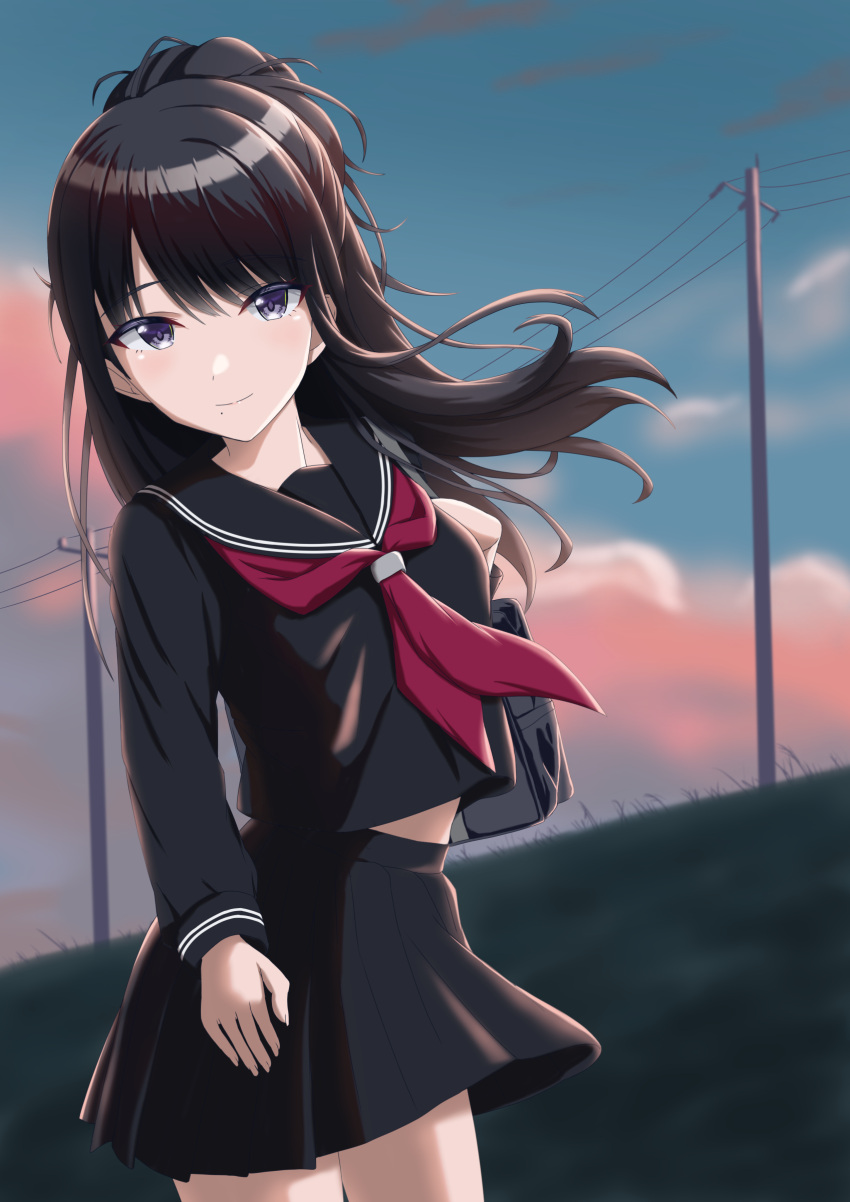 1girl, absurdres, bag, black_hair, black_sailor_collar, black_serafuku, black_shirt, black_skirt, blush, cowboy_shot, highres, idolmaster, idolmaster_shiny_colors, kazano_hiori, long_hair, looking_at_viewer, midori_mushi, midriff_peek, mole, mole_under_mouth, neckerchief, pleated_skirt, power_lines, red_neckerchief, sailor_collar, school_bag, school_uniform, serafuku, shirt, skirt, smile, solo, transformer, utility_pole