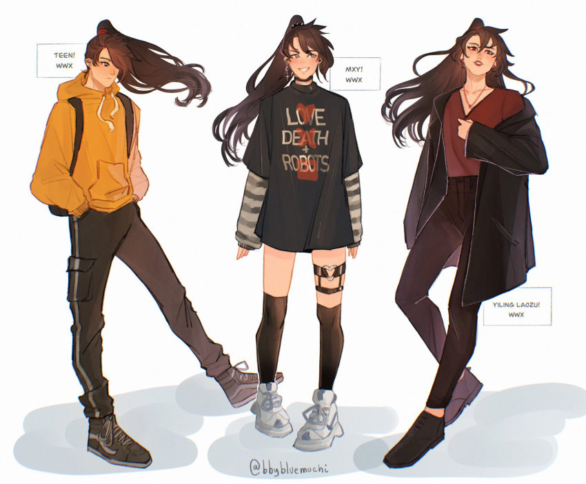 1girl, age_progression, alternate_costume, androgynous, arms_at_sides, backpack, bag, bbybluemochi