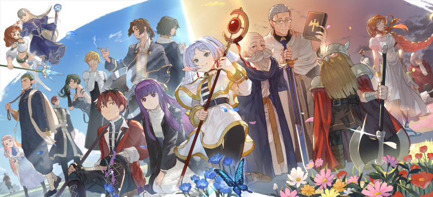 6+boys, 6+girls, adjusting_eyewear, arm_behind_back, arm_up, arms_up, axe, back-to-back, backpack, bag, bald, battle_axe, beard, belt, black_belt, black_coat, black_dress, black_gloves, black_robe, blonde_hair, blue_butterfly, blue_dress, blue_scarf, book, braid, braided_ponytail, brothers, brown_hair, bug, butterfly, carrying_over_shoulder, cheek_pinching, child, cigarette, clenched_hand, cloak, closed_eyes, coat, commentary_request, day, double_v, dress, dutch_angle, dwarf, eisen_(sousou_no_frieren), elf, eyepatch, facial_hair, fake_horns, falling_petals, fern_(sousou_no_frieren), field, fighting, fingerless_gloves, flamme_(sousou_no_frieren), floating_hair, flower, flower_field, flying, frieren, fur-trimmed_jacket, fur_trim, glasses, glint, gloves, gorilla_(sousou_no_frieren), grabbing_another's_hair, green_eyes, green_hair, grey_coat, grey_hair, half_updo, hand_up, hands_up, heart, heiter, helmet, highres, himmel_(sousou_no_frieren), holding, holding_axe, holding_book, holding_cigarette, holding_polearm, holding_sword, holding_weapon, horned_helmet, horns, jacket, kanne_(sousou_no_frieren), kneeling, kraft_(sousou_no_frieren), land_(sousou_no_frieren), lawine_(sousou_no_frieren), long_beard, long_hair, lying, mage_staff, multiple_boys, multiple_girls, mustache, old, old_man, on_ground, on_side, one_eye_closed, orange_hair, orden_(sousou_no_frieren), own_hands_together, pantyhose, parted_bangs, partial_commentary, petals, pinching, pink_hair, planted, planted_sword, pointy_ears, polearm, ponytail, profile, purple_hair, red_cloak, red_jacket, redhead, robe, sand, sash, scarf, sein's_brother_(sousou_no_frieren), sein_(sousou_no_frieren), siblings, single_braid, sitting, sleeping, sleeping_upright, smile, smoking, smug, sousou_no_frieren, sparkle, stark_(sousou_no_frieren), stoltz_(sousou_no_frieren), straight_hair, sword, sword_village_chief_(sousou_no_frieren), twilight, twintails, ubel_(sousou_no_frieren), v, ve_0ekaki, very_long_hair, violet_eyes, voll_(sousou_no_frieren), weapon, white_cloak, white_coat, white_dress, white_hair, winter_clothes