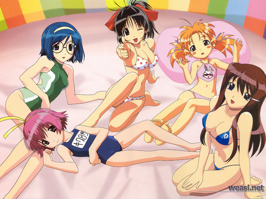 akimo_ayame, bed, bikini, black_hair, blonde_hair, blue_hair, brown_hair, fuyude_yuri