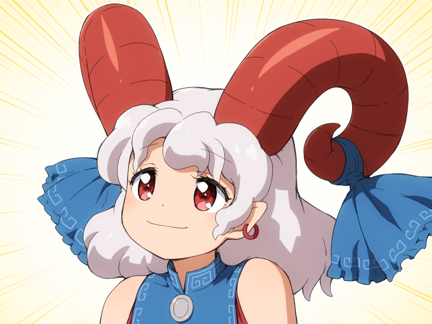 1girl, blue_bow, blue_shirt, bow, closed_mouth, commentary, earrings, horizontal_pupils
