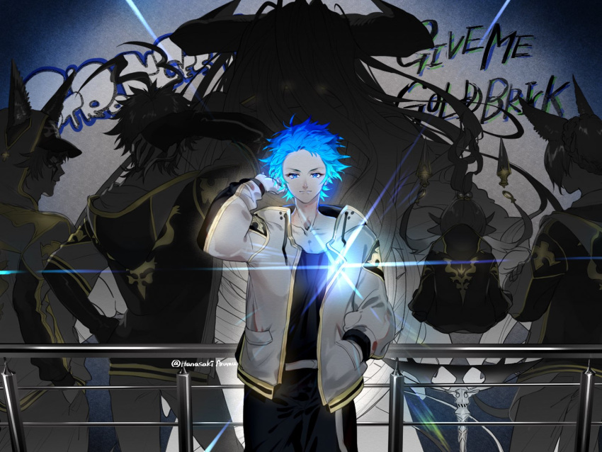 6+boys, against_railing, animal_ears, anre_(granblue_fantasy), blue_hair, blue_theme, closed_mouth, eahta_(granblue_fantasy)