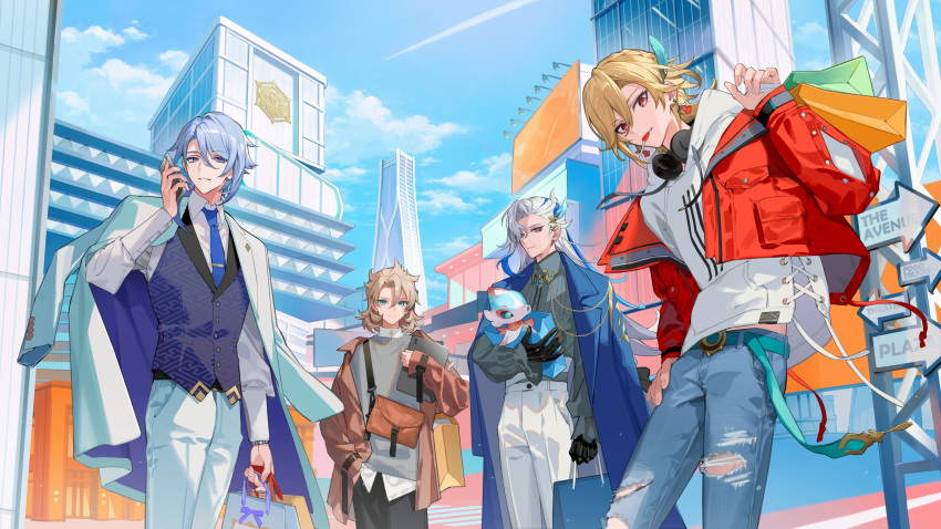 4boys, absurdres, albedo_(genshin_impact), alternate_costume, aqua_belt, aqua_eyes, arm_at_side, asymmetrical_bangs