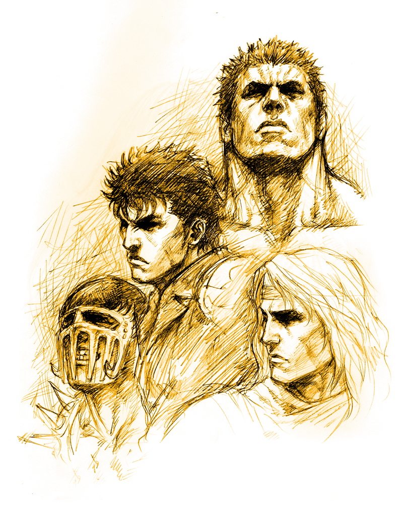 face, faux_traditional_media, helmet, hokuto_no_ken, jagi, kenshirou, long_hair, manly