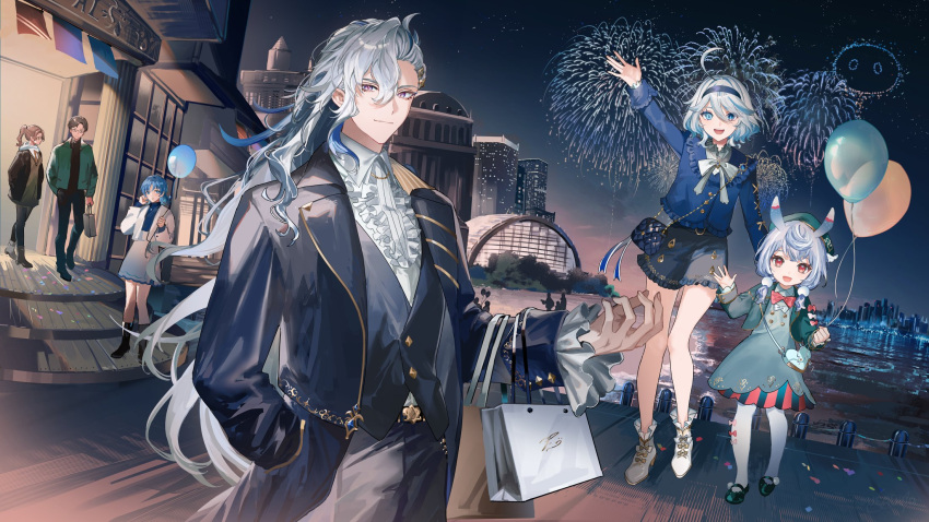 2boys, 4girls, :d, aerial_fireworks, ahoge, ankle_boots, antennae, aqua_dress