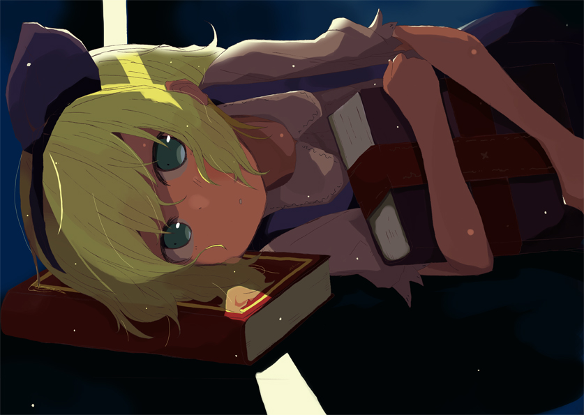 1girl, alice_margatroid, alice_margatroid_(pc-98), bad_id, blonde_hair, blue_eyes, book, dark