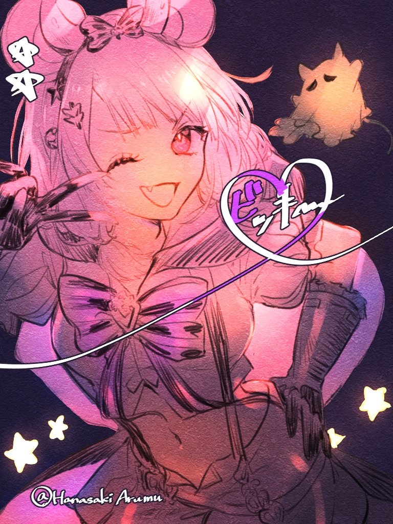 1girl, animal_ears, bow, bowtie, breasts, cape, crop_top, fake_animal_ears, fang, gloves, granblue_fantasy, hair_ornament, hairband, hanasaki_arumu, hand_on_own_hip, looking_at_viewer, medium_hair, midriff, mouse_ears, navel, one_eye_closed, open_mouth, puffy_short_sleeves, puffy_sleeves, shirt, short_sleeves, shorts, small_breasts, smile, solo, star_(symbol), suspender_shorts, suspenders, twitter_username, upper_body, v, vikala_(granblue_fantasy), vikala_(halloween)_(granblue_fantasy)