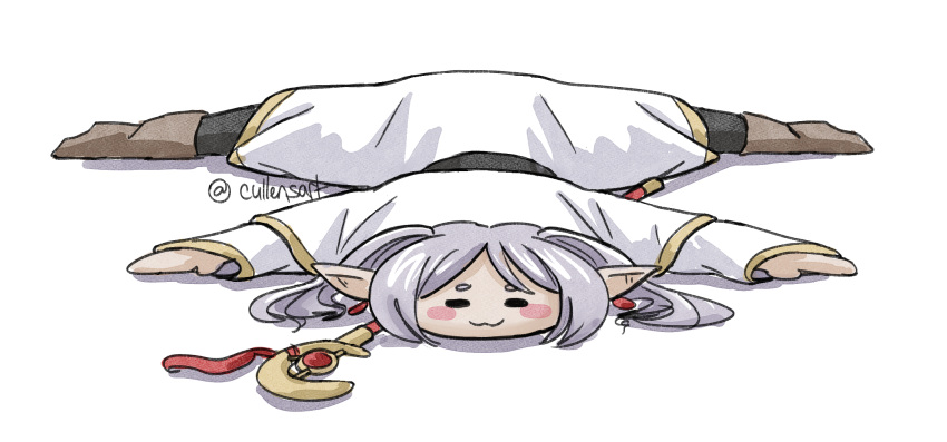 1girl, :3, belt, black_belt, blush_stickers, capelet, closed_eyes, commentary, cullensart, dangle_earrings, earrings, english_commentary, flat_fuck_friday_(meme), frieren, highres, jewelry, meme, on_floor, parted_bangs, simple_background, solo, sousou_no_frieren, staff, twintails, twitter_username, white_background, white_capelet