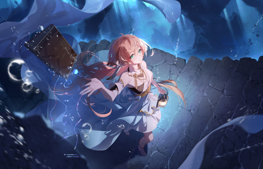 1girl, air_bubble, arm_up, blue_background, blurry, blurry_foreground, book, boots